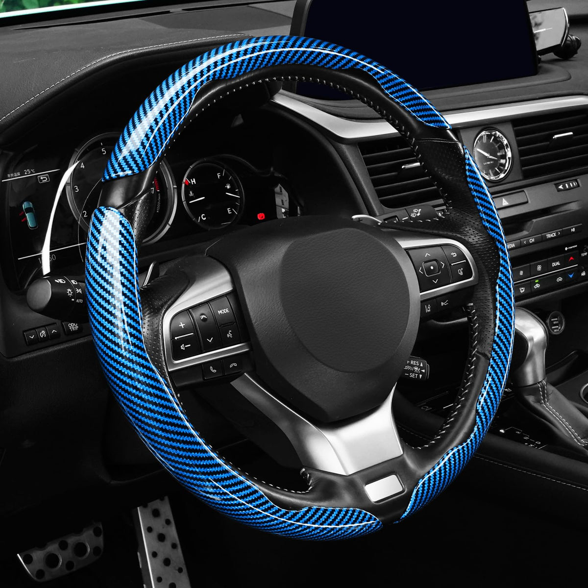 Amiss 3pcs Carbon Fiber Anti-Skid Steering Wheel Cover, Waterproof Design, Universal Fit for 14-16 Inch Car Wheel Cover, Interior Car Accessories for Jeeps, SUVs, Trucks (Glossy Black)