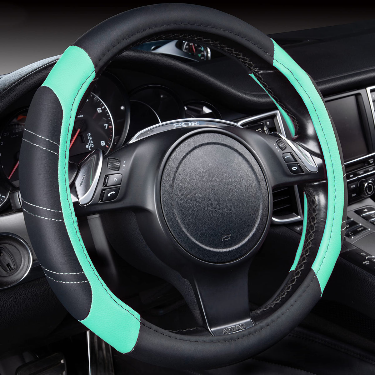CAR PASS Line Rider Microfiber Leather Sporty 14.5-15 inch Steering Wheel Cover Universal Fits for 95% Truck,SUV,Cars, Anti-Slip Safety Comfortable Design (Black Purple)