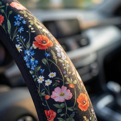 Wildflower Car Steering Wheel Cover 15 in, 2 Cute Floral Car Coasters