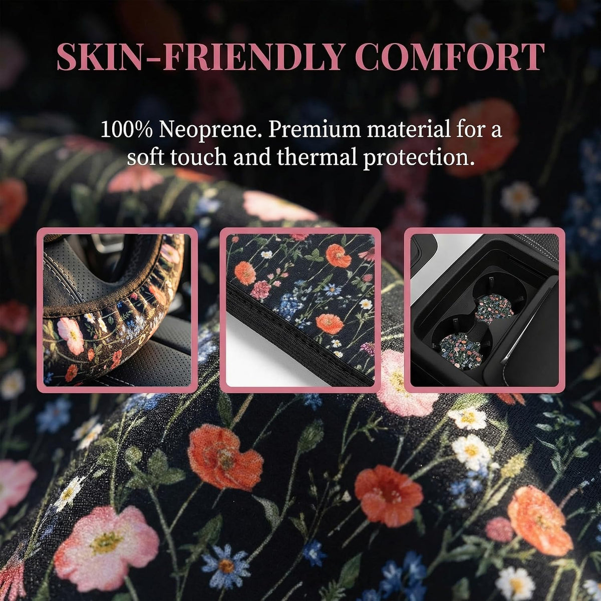 Wildflower Car Steering Wheel Cover 15 in, 2 Cute Floral Car Coasters