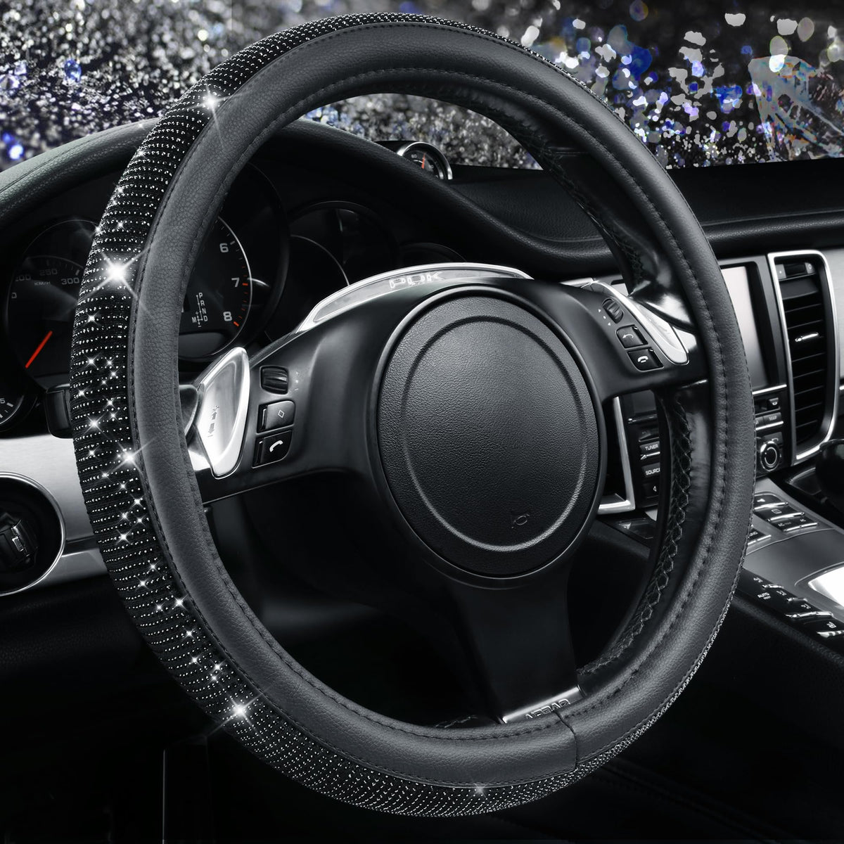 CAR PASS Bling Diamond Steering Wheel Cover Leopard Pattern, Sparkly Crystal Glitter Rhinestones Black Leather Wheel Protect for Women Girl Fit Suvs,Vans,Sedans,Cars,Trucks, 14" 1/2-15" Gold Leopard