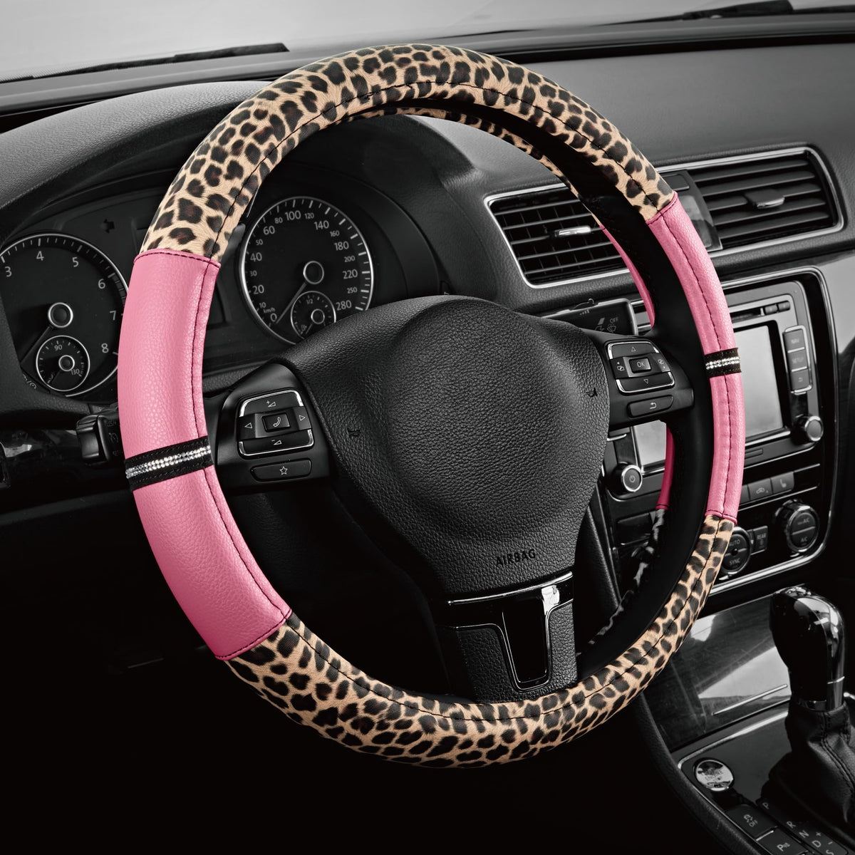 Road Comforts Leopard Steering Wheel Cover for Women, Cute Anti-Slip Premium PVC Leather, Fit 14.5-15 Inches Round Steering Wheel - Black