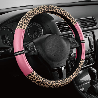 Road Comforts Leopard Steering Wheel Cover for Women, Cute Anti-Slip Premium PVC Leather, Fit 14.5-15 Inches Round Steering Wheel - Black