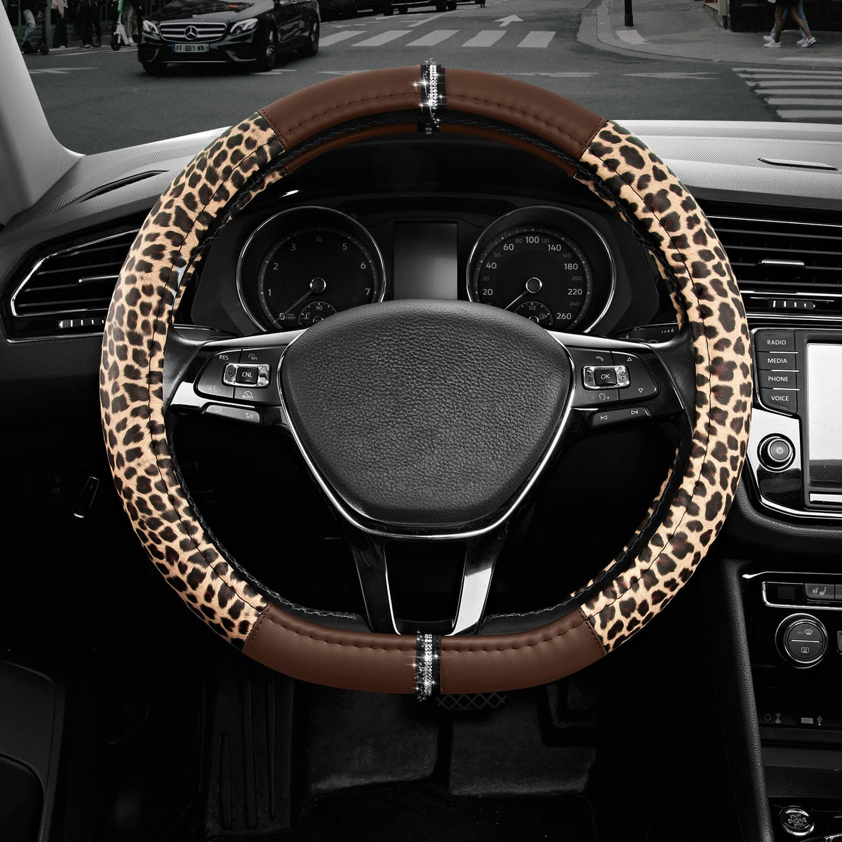 Road Comforts Leopard Steering Wheel Cover for Women, Cute Anti-Slip Premium PVC Leather, Fit 14.5-15 Inches Round Steering Wheel - Black