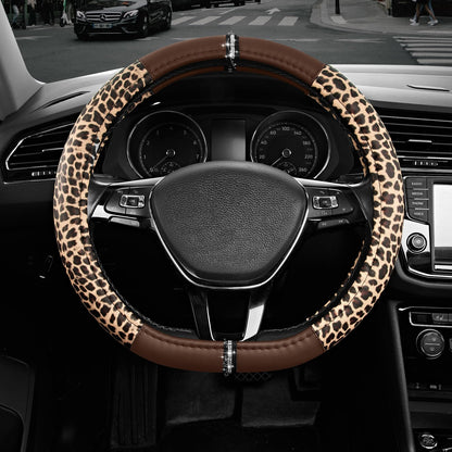 Road Comforts Leopard Steering Wheel Cover for Women, Cute Anti-Slip Premium PVC Leather, Fit 14.5-15 Inches Round Steering Wheel - Black