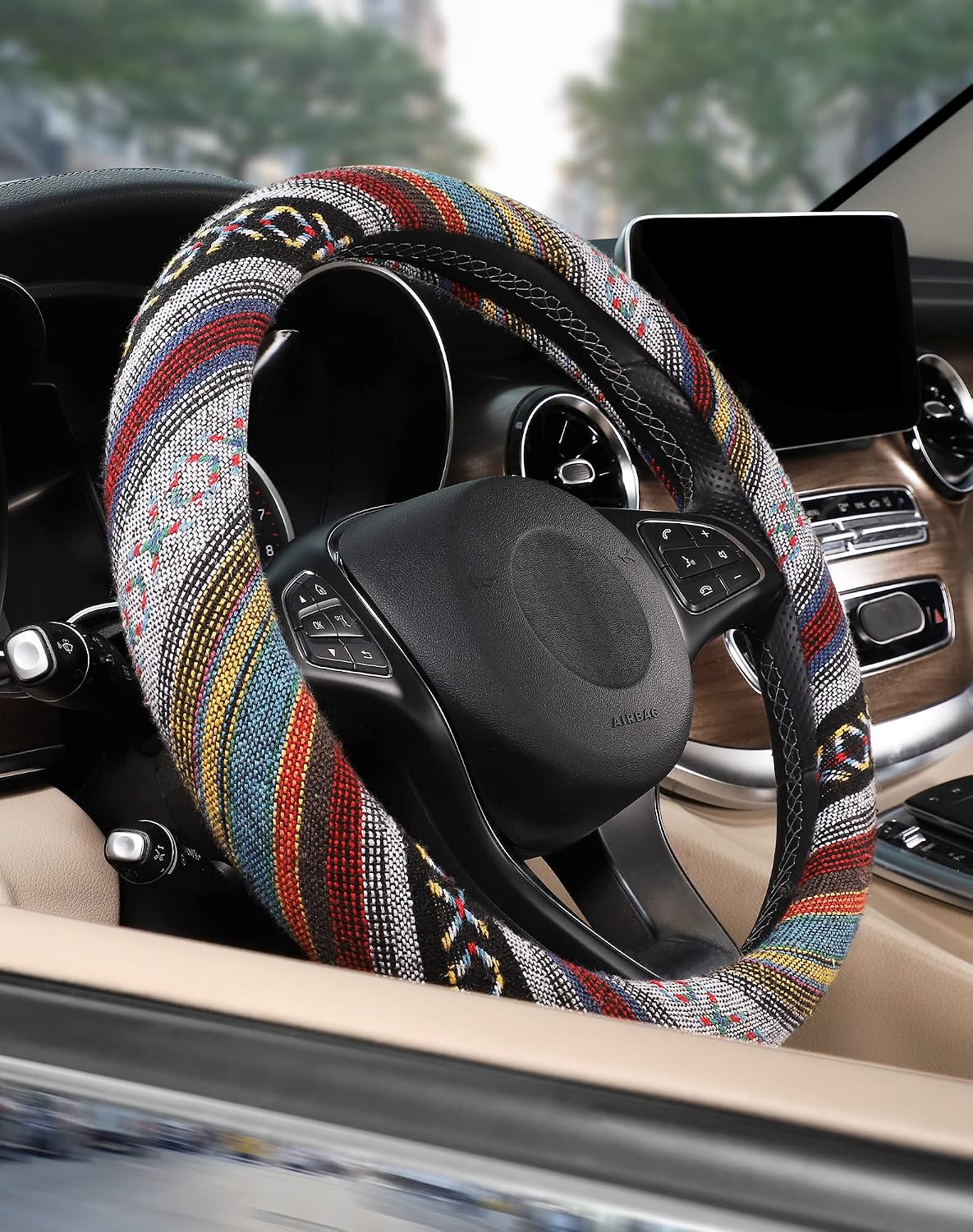 SEG Direct Boho Steering Wheel Cover, Baja Blanket Cloth, Coarse Flax