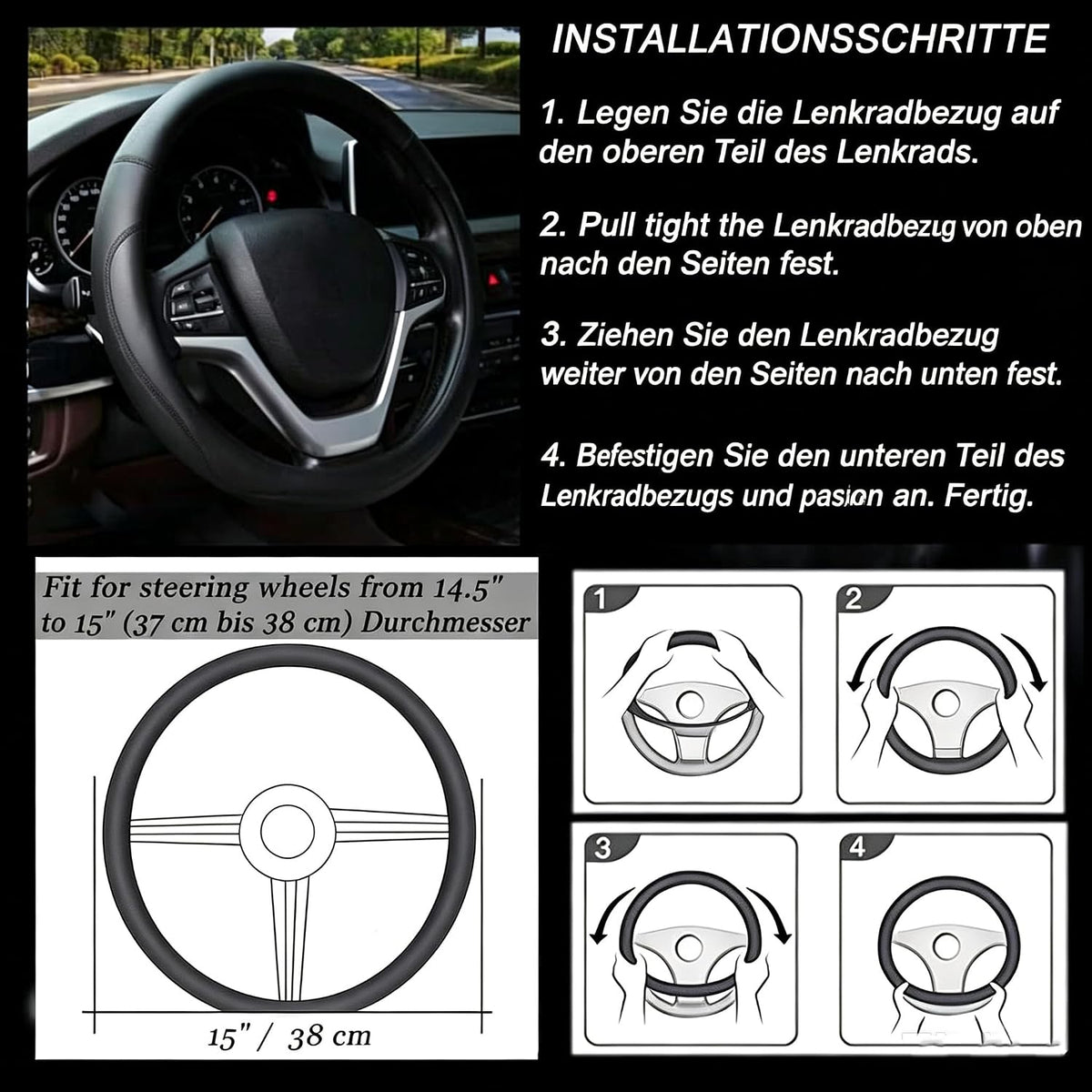 Valleycomfy Microfiber Leather Steering Wheel Cover Universal 15 inch (Black)