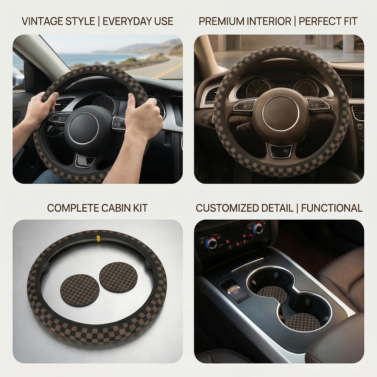 Checkered Black Brown Steering Wheel Cover 15 Inch Car + 2 pc Car Coasters