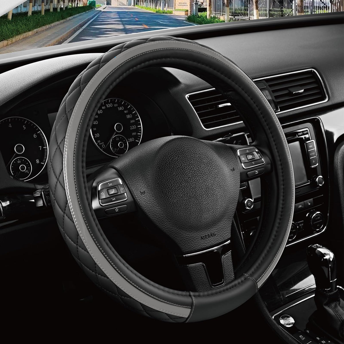 Road Comforts Leather Steering Wheel Cover – Black & Purple, Universal Fit 14.5-15 Inch, Microfiber Leather, Anti-Slip & Breathable Design for Men and Women