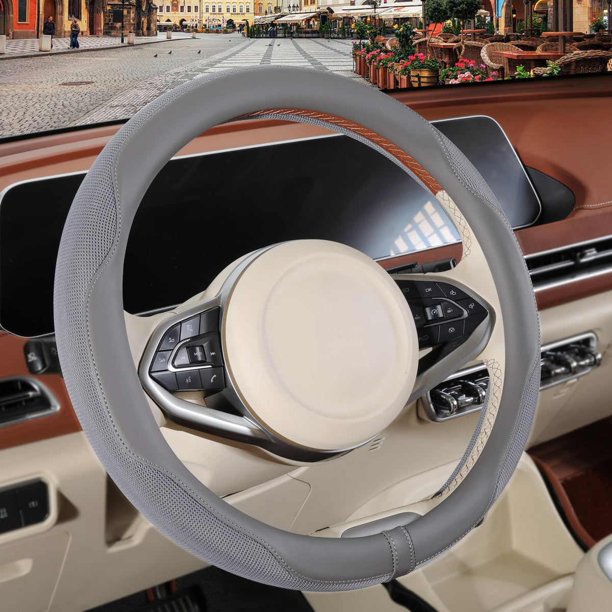 Nappa Leather Ice Silk Fabric Pink Steering Wheel Cover Women