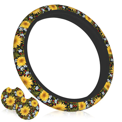 Wildflower Car Steering Wheel Cover 15 in, 2 Cute Floral Car Coasters