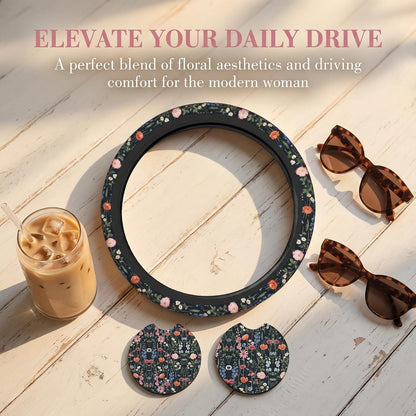 Wildflower Car Steering Wheel Cover 15 in, 2 Cute Floral Car Coasters