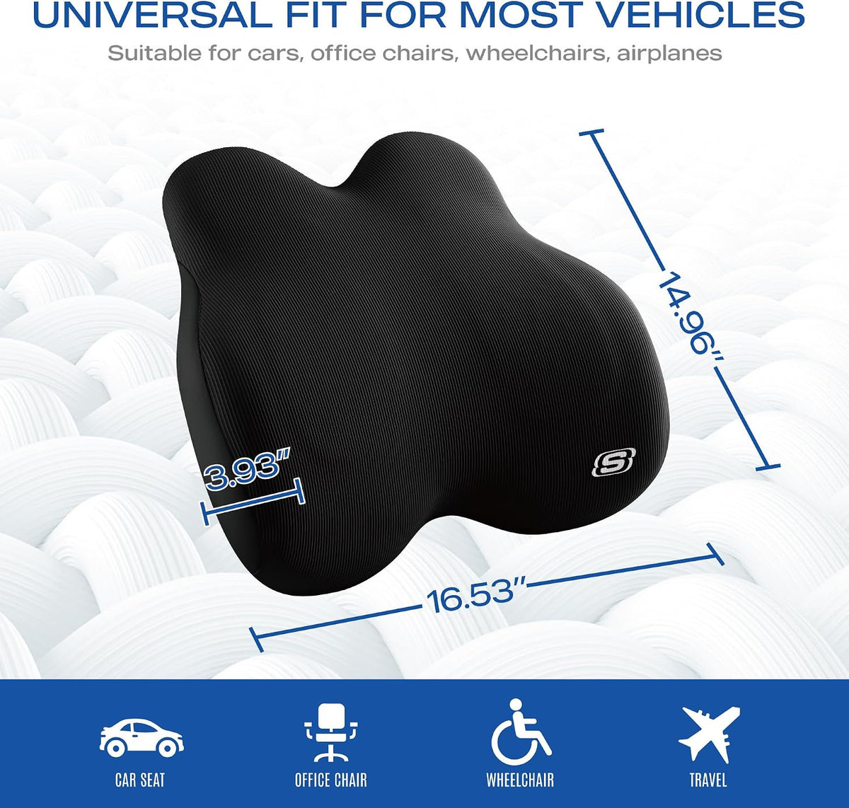 Skechers Memory Foam Lumbar Pillow,Lumbar Support Pillow for Office, Chair Lower Back Pain Relief Lumbar Pillow, Ergonomic Design Back Support Pillow for Office Chair, Car, Home, Travel,Black