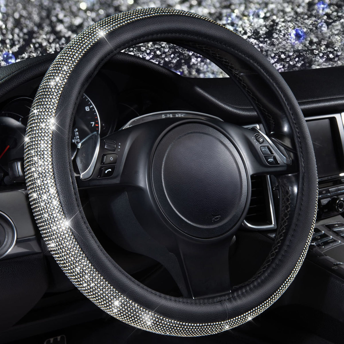 CAR PASS Bling Diamond Steering Wheel Cover Leopard Pattern, Sparkly Crystal Glitter Rhinestones Black Leather Wheel Protect for Women Girl Fit Suvs,Vans,Sedans,Cars,Trucks, 14" 1/2-15" Gold Leopard
