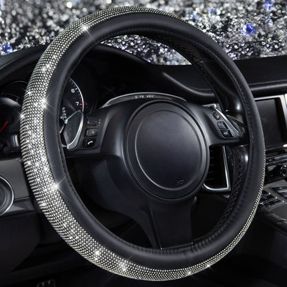 CAR PASS Bling Diamond Steering Wheel Cover Leopard Pattern, Sparkly Crystal Glitter Rhinestones Black Leather Wheel Protect for Women Girl Fit Suvs,Vans,Sedans,Cars,Trucks, 14" 1/2-15" Gold Leopard