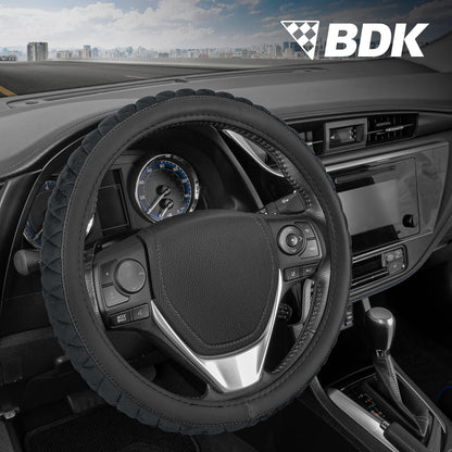 BDK Black Genuine Leather Steering Wheel Cover Large 15.5 to 16 inch