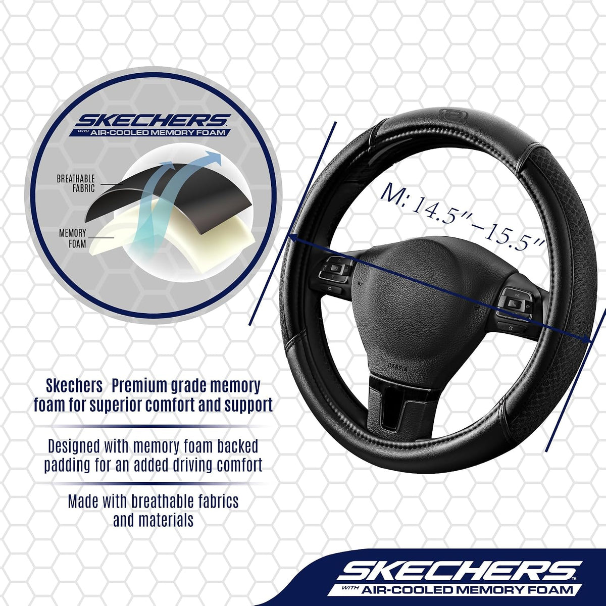 Skechers Air-Cooled Steering Wheel Cover,Leather Car Steering Wheel Cover Universal Fit 14" 1/2-15" Car Wheel Protector for Men Women Fit Suvs,Vans,Sedans,Car,Trucks,Black