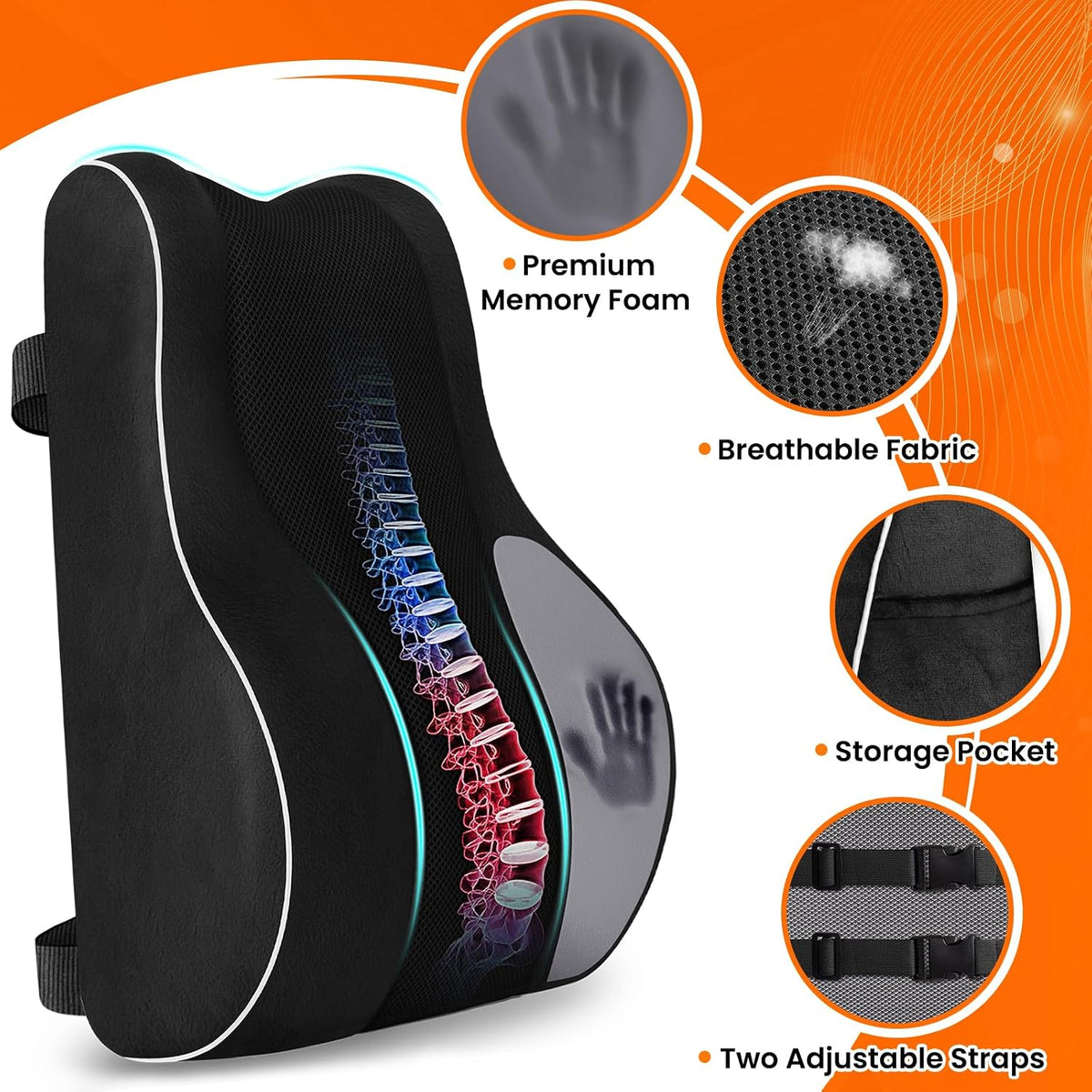 CloudBliss Lumbar Support Pillow, Memory Foam for Office Chair, Black