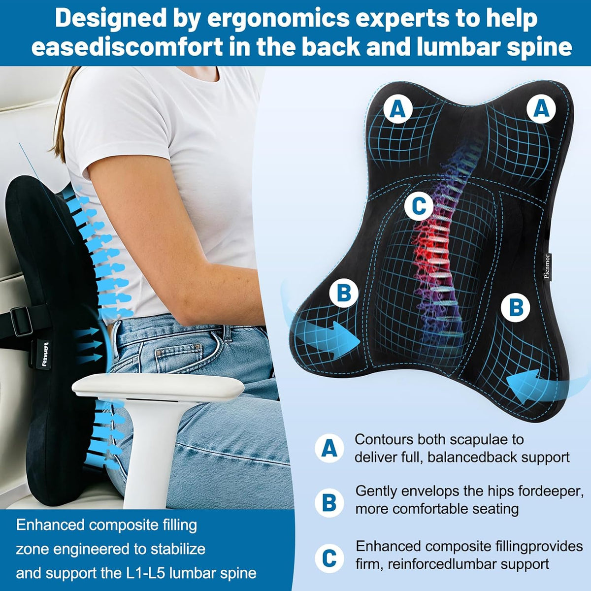Lumbar Support Pillow, Memory Foam Back Cushion for Car & Office Chair - Black