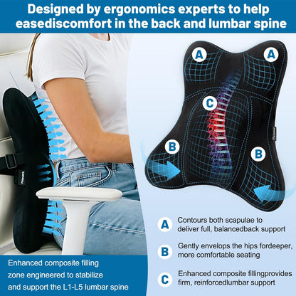 Lumbar Support Pillow, Memory Foam Back Cushion for Car & Office Chair - Black