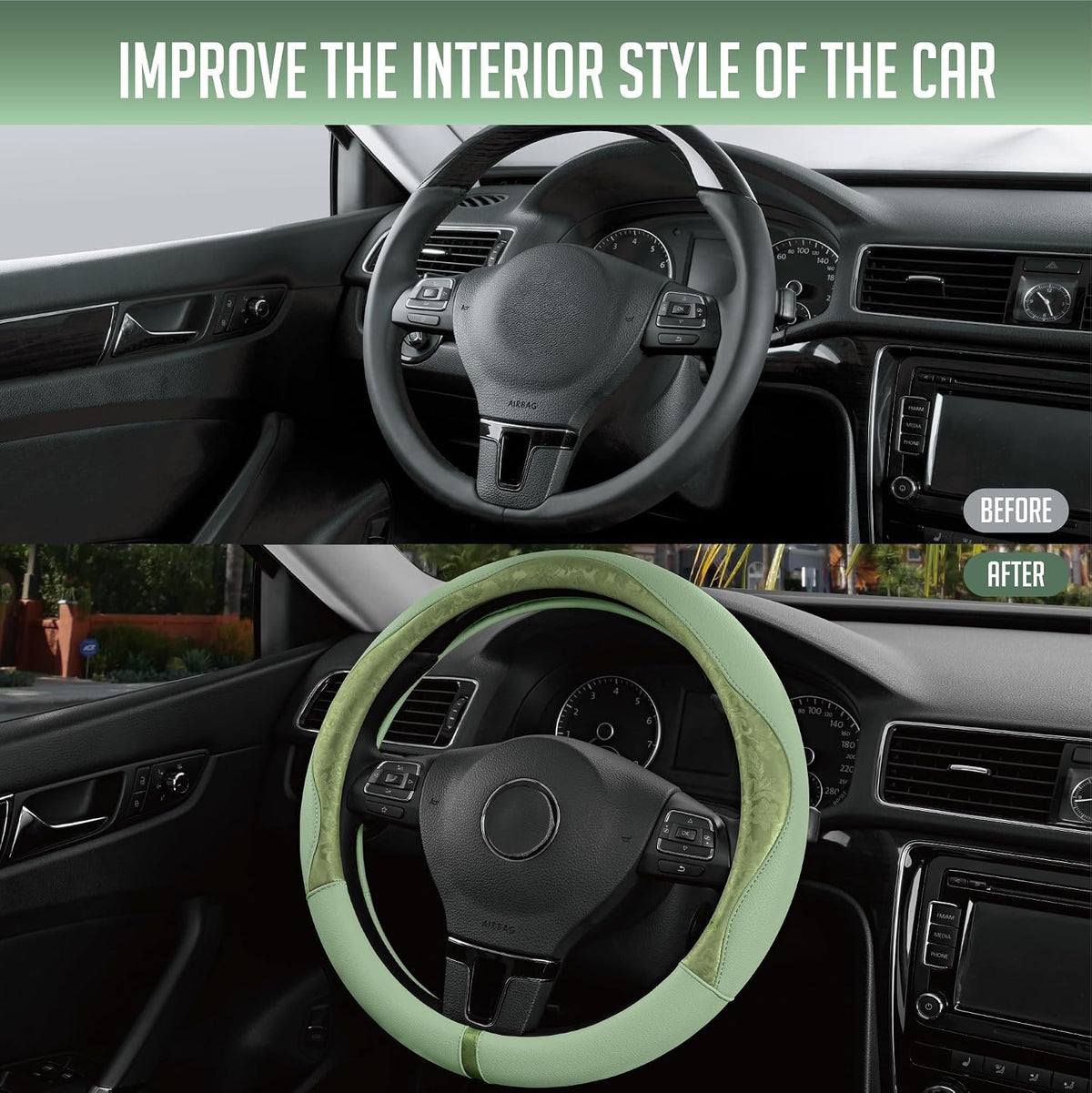 PIC AUTO Steering Wheel Cover, Green Patterned Leather Patchwork Design, Universal Fit 14.5"–15.5", Anti-Slip, Odor-Free, Soft PU Grain Leather, Durable Grip Car Accessory for Girls & Women