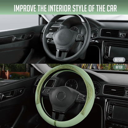 PIC AUTO Steering Wheel Cover, Green Patterned Leather Patchwork Design, Universal Fit 14.5"–15.5", Anti-Slip, Odor-Free, Soft PU Grain Leather, Durable Grip Car Accessory for Girls & Women