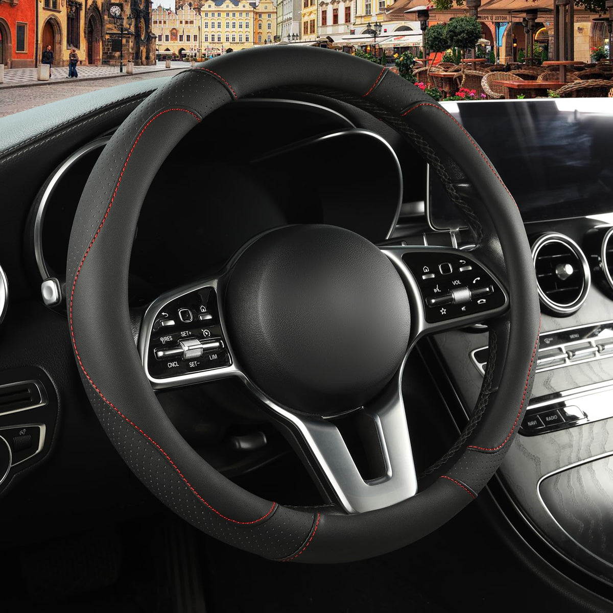 Black Orange Microfiber Leather Steering Wheel Cover 15 inch
