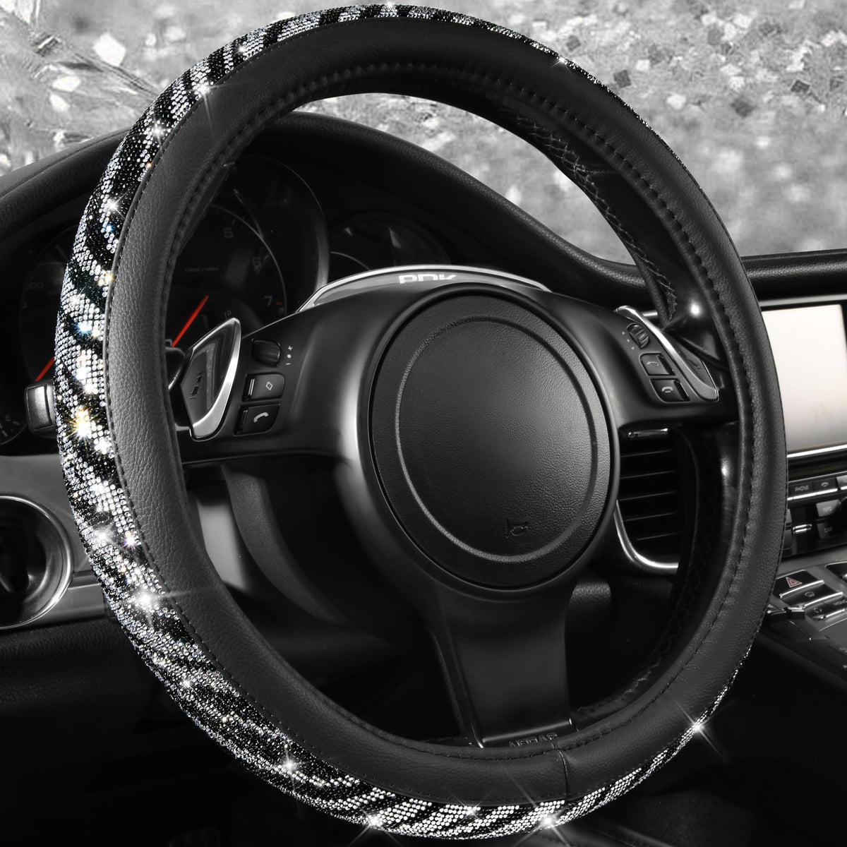 CAR PASS Bling Diamond Steering Wheel Cover Leopard Pattern, Sparkly Crystal Glitter Rhinestones Black Leather Wheel Protect for Women Girl Fit Suvs,Vans,Sedans,Cars,Trucks, 14" 1/2-15" Gold Leopard