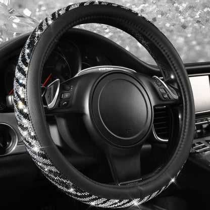 CAR PASS Bling Diamond Steering Wheel Cover Leopard Pattern, Sparkly Crystal Glitter Rhinestones Black Leather Wheel Protect for Women Girl Fit Suvs,Vans,Sedans,Cars,Trucks, 14" 1/2-15" Gold Leopard