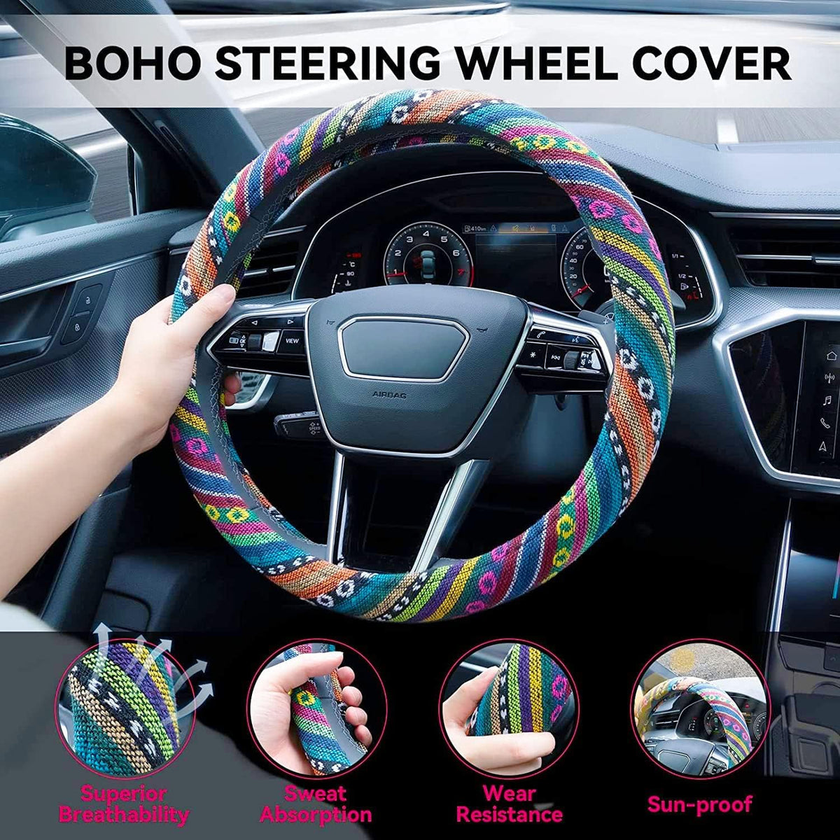 Boho Steering Wheel Cover Elastic Microfiber for Women, Universal Fit 15 inch Car SUV, Hippie Style Protector Cover, Anti-Slip, Breathable, Absorbing Sweat - 01