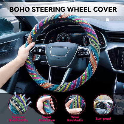 Boho Steering Wheel Cover Elastic Microfiber for Women, Universal Fit 15 inch Car SUV, Hippie Style Protector Cover, Anti-Slip, Breathable, Absorbing Sweat - 01