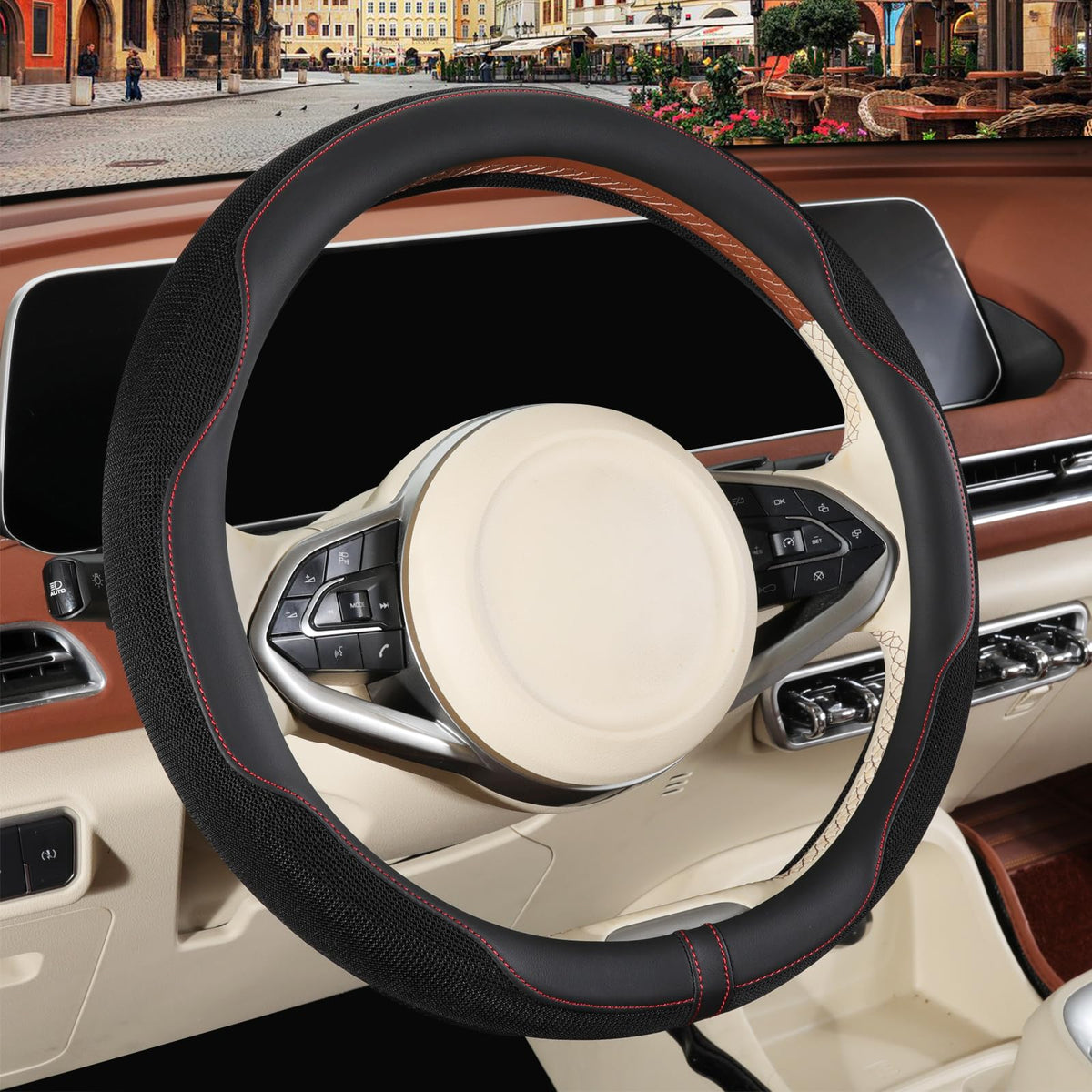 Nappa Leather Ice Silk Fabric Pink Steering Wheel Cover Women