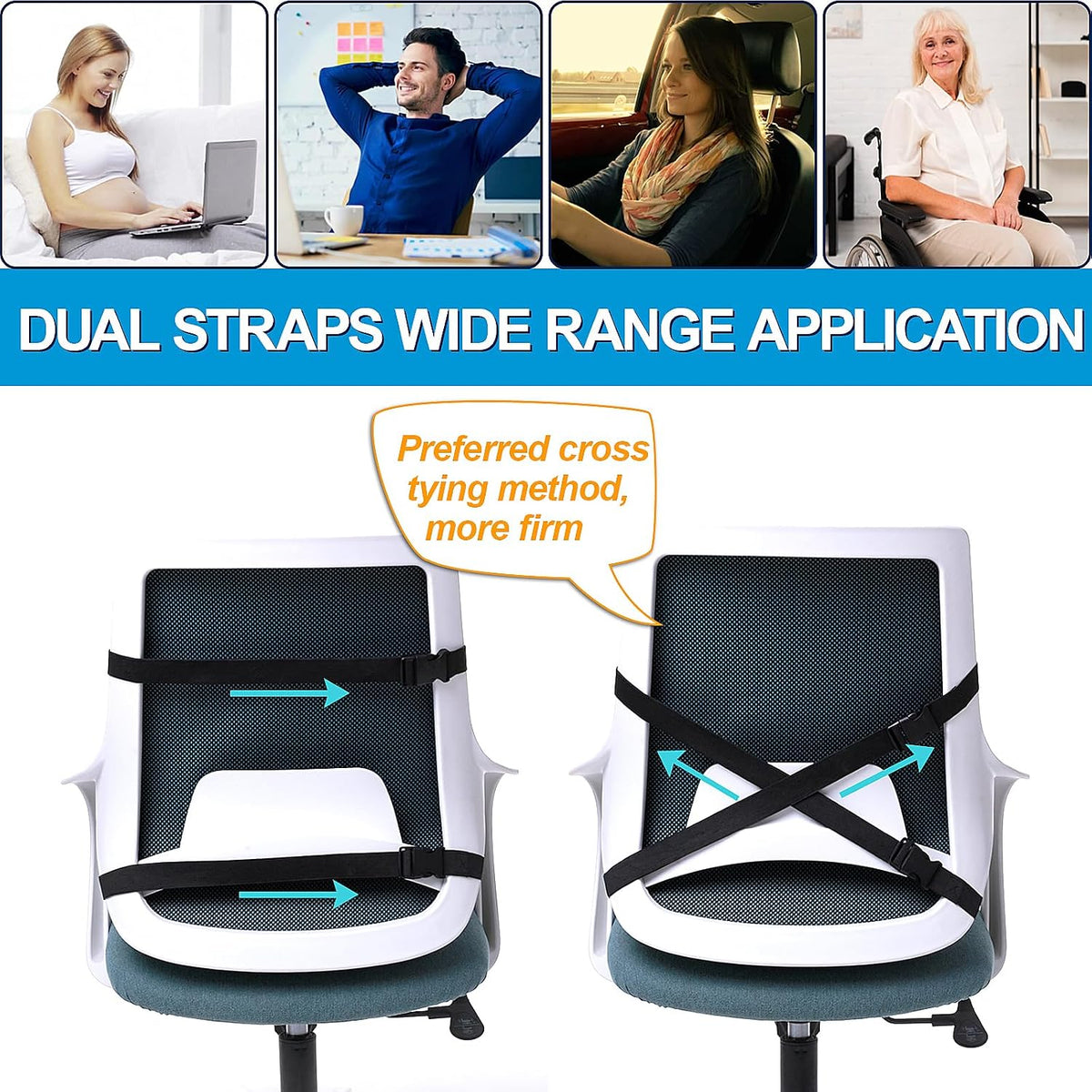 Seat Cushion & Lumbar Support Pillow for Office Chair, Car, Wheelchair Memory Foam Desk Chair Cushion for Sciatica, Lower Back & Tailbone Pain Relief Desk Pad with Adjustable Strap 3D Washable Cover