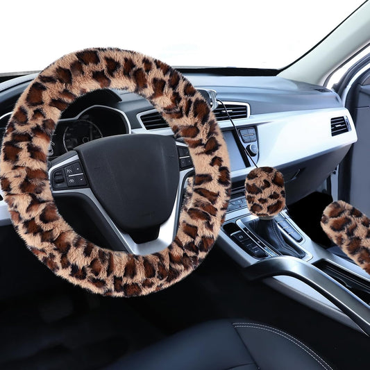Accmor Fuzzy Car Steering Wheel Cover, Universal Fit Fur Auto Wheel Cover & Handbrake Cover & Gear Shift Cover Set, Leopard Warm Fluffy Vehicle Wheel Protector Car Accessories for Men Women (Brown)