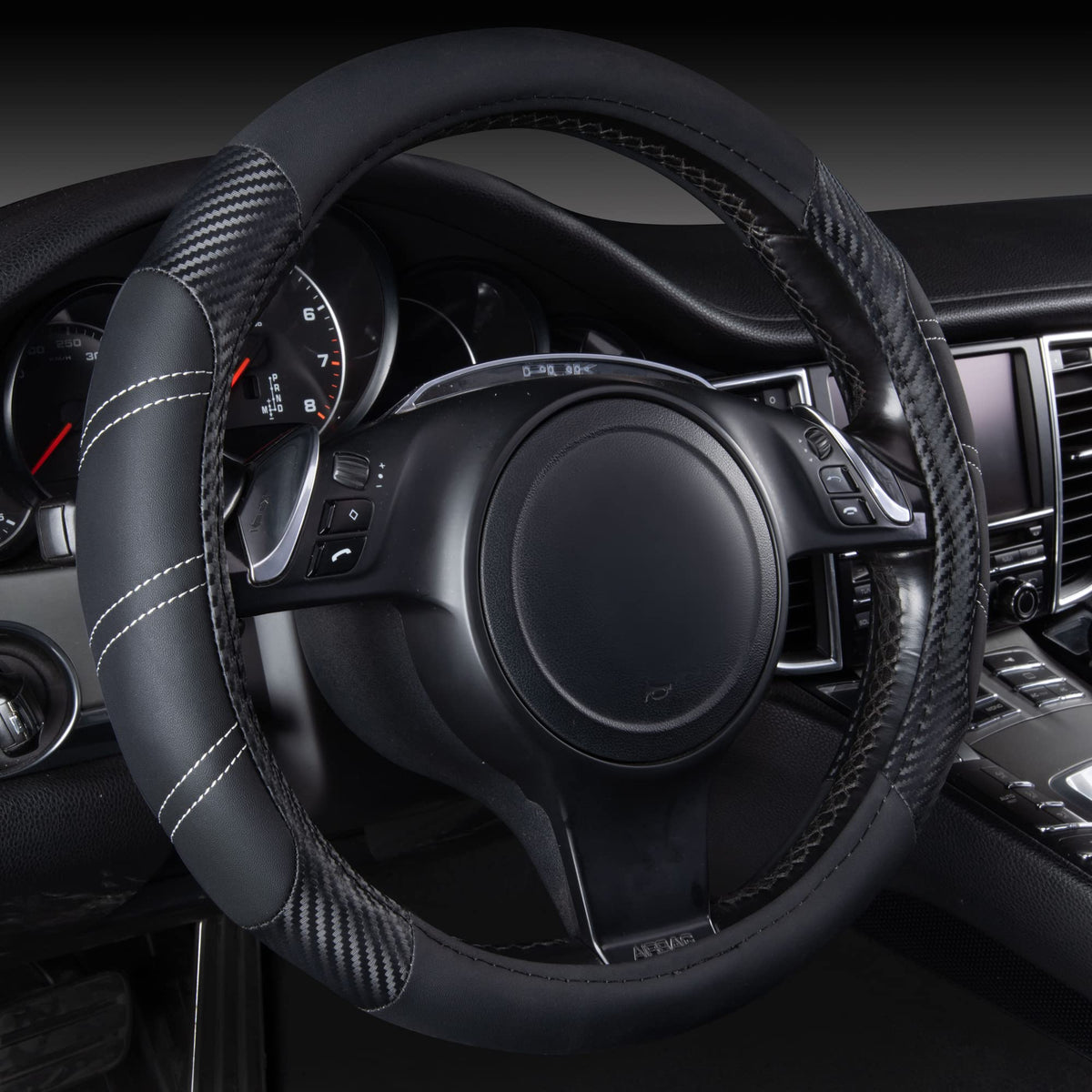 CAR PASS Line Rider Microfiber Leather Sporty Steering Wheel Cover Universal Fits for 95% Truck,SUV,Cars,14.5-15inch Anti-Slip Safety Comfortable Desgin (Black-Blue)