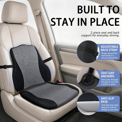 Car Seat Cushion with Lumbar Support, Firm 2-Piece Set for Long Drive, Grey