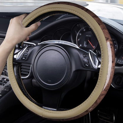CAR PASS Wood Grain 14.5-15 inch Microfiber Leather Steering Wheel Cover, Anti-Slip Veins Design Steering Wheel Universal Fit for Most Cars, Sedans, SUV， Beige
