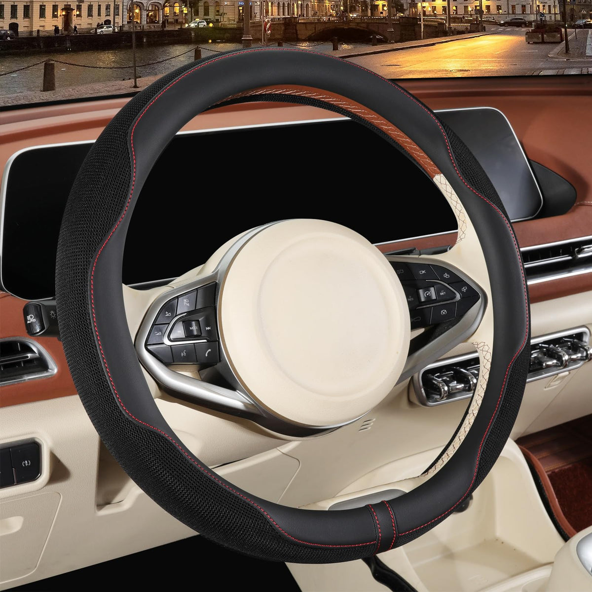 Nappa Leather Ice Silk Fabric Pink Steering Wheel Cover Women
