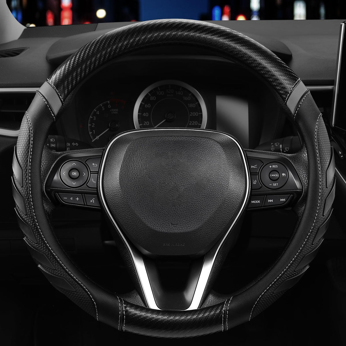 West Llama Carbon Fiber Leather Steering Wheel Cover with Anti-Slip Grip, 3D Textured Design, 14.5-15 Inch Car Steering Wheel Cover, Durable Interior Accessory（Standard Size-Black