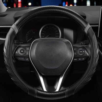 West Llama Carbon Fiber Leather Steering Wheel Cover with Anti-Slip Grip, 3D Textured Design, 14.5-15 Inch Car Steering Wheel Cover, Durable Interior Accessory（Standard Size-Black