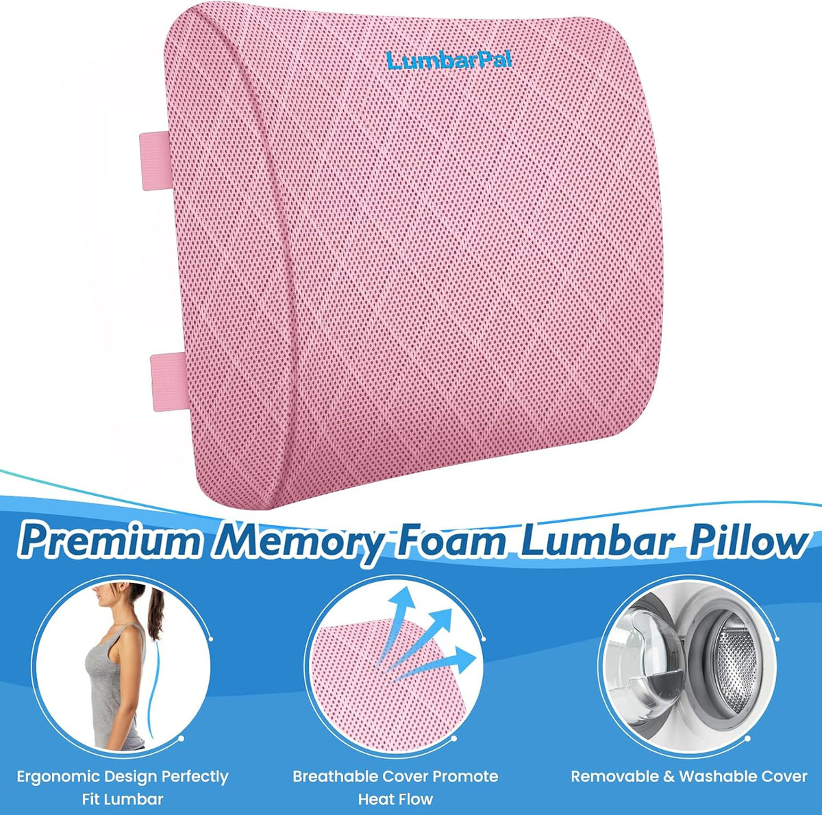 Lumbar Support Pillow for Office Chair, Back Support, Memory Foam, Pink