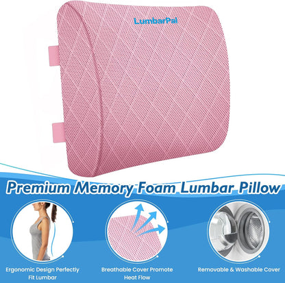 Lumbar Support Pillow for Office Chair, Back Support, Memory Foam, Pink