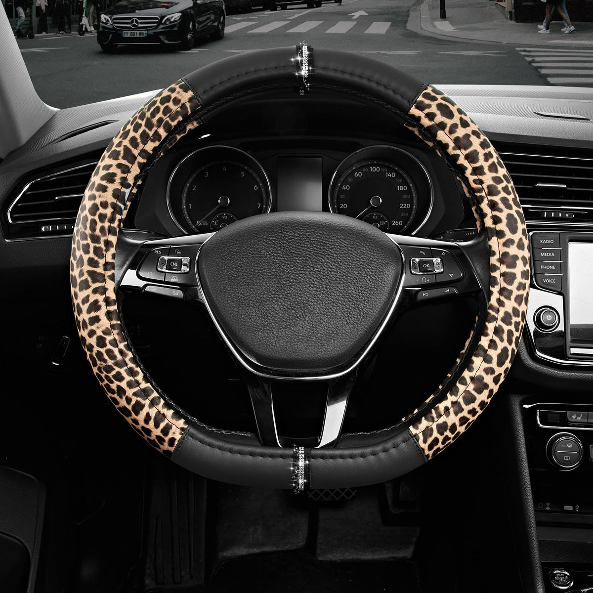 Road Comforts Leopard Steering Wheel Cover for Women, Cute Anti-Slip Premium PVC Leather, Fit 14.5-15 Inches Round Steering Wheel - Black