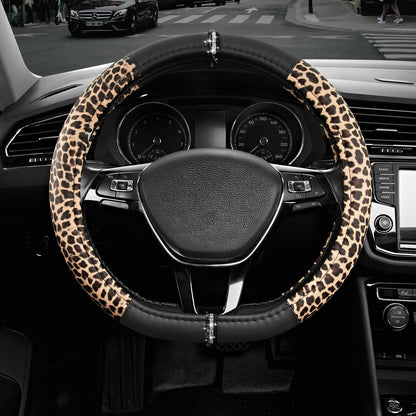 Road Comforts Leopard Steering Wheel Cover for Women, Cute Anti-Slip Premium PVC Leather, Fit 14.5-15 Inches Round Steering Wheel - Black