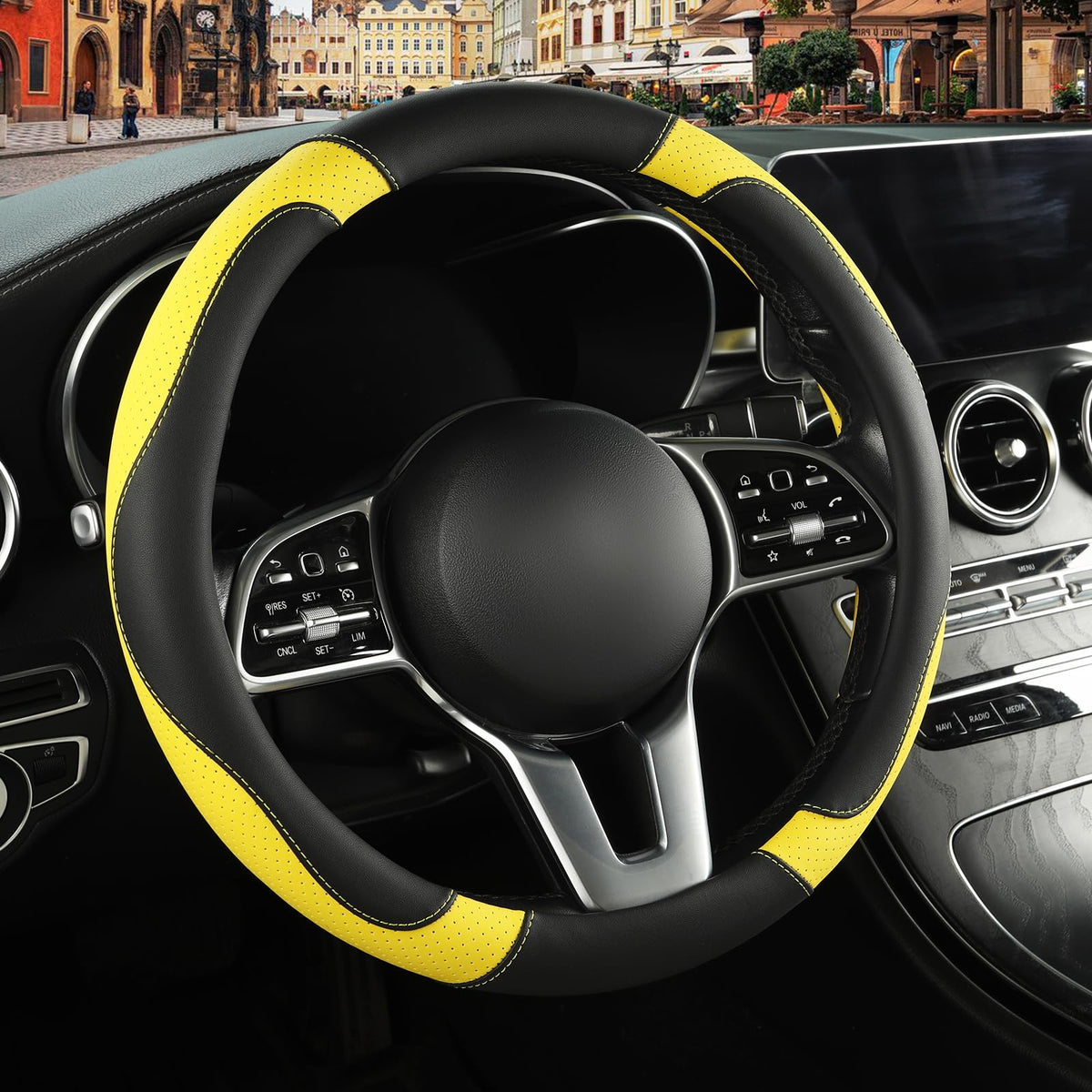 Black Orange Microfiber Leather Steering Wheel Cover 15 inch