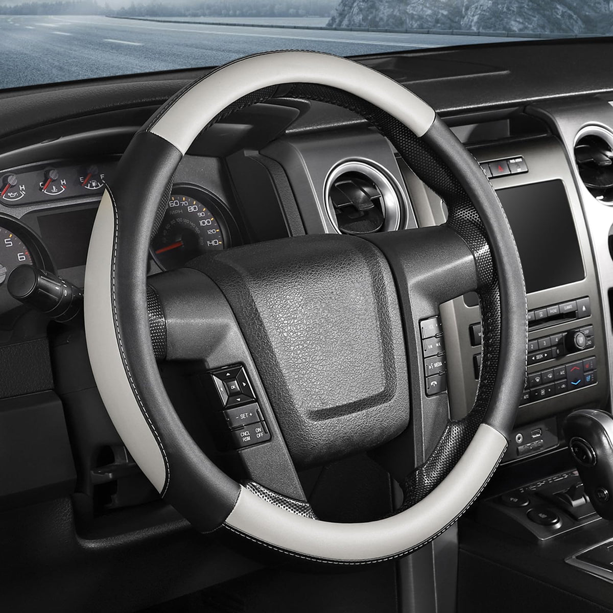 SEG Direct Steering Wheel Cover 14.5-15 inch Heavy-Duty, Black and Beige