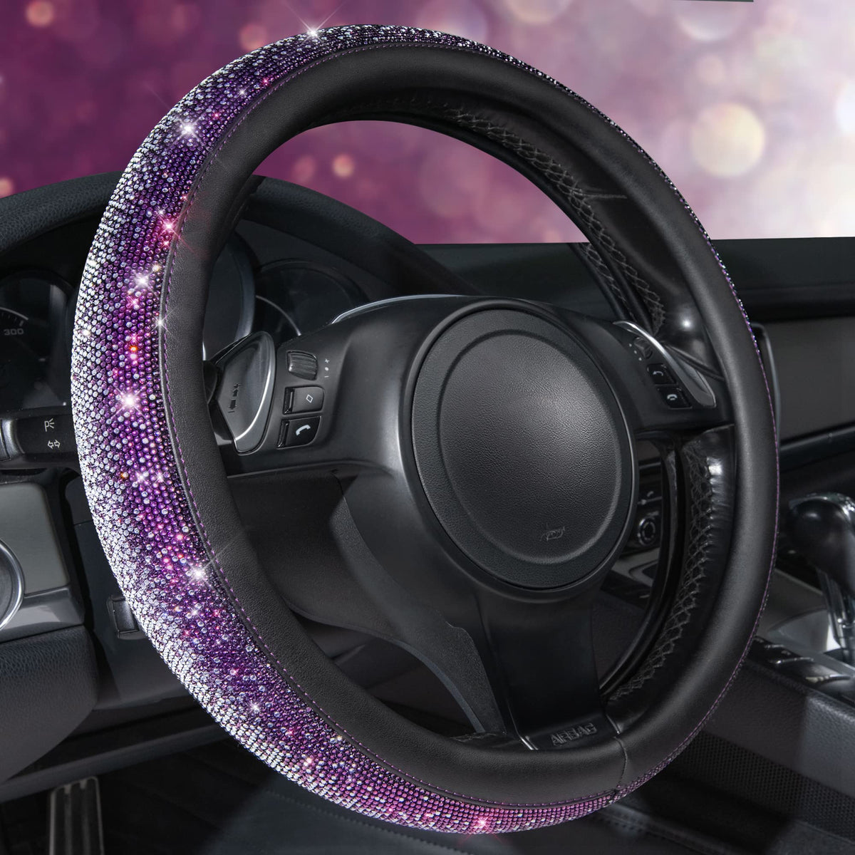 CAR PASS Bling Diamond Leather Steering Wheel Cover, with Bling Sparkly Crystal Glitter Rhinestones Universal Fit 14.5in-15in Car Wheel Protector for Women Girl Fit Suvs,Vans,Sedans,Car,Trucks, Silver