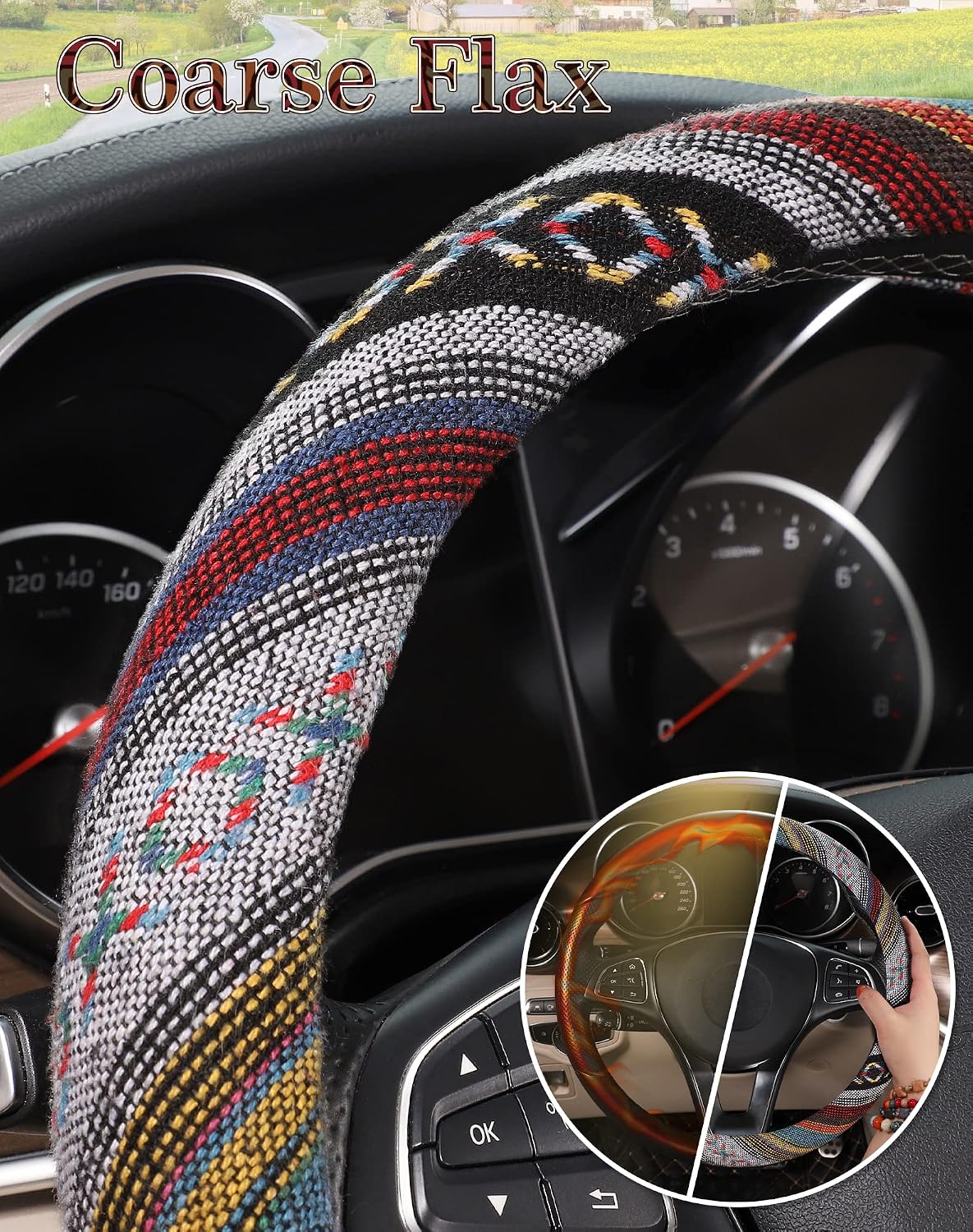 SEG Direct Boho Steering Wheel Cover, Baja Blanket Cloth, Coarse Flax