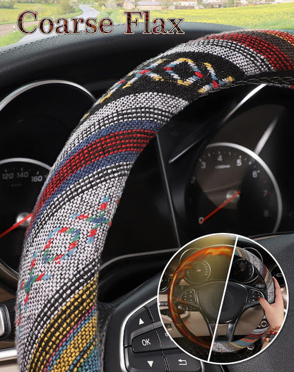 SEG Direct Boho Steering Wheel Cover, Baja Blanket Cloth, Coarse Flax