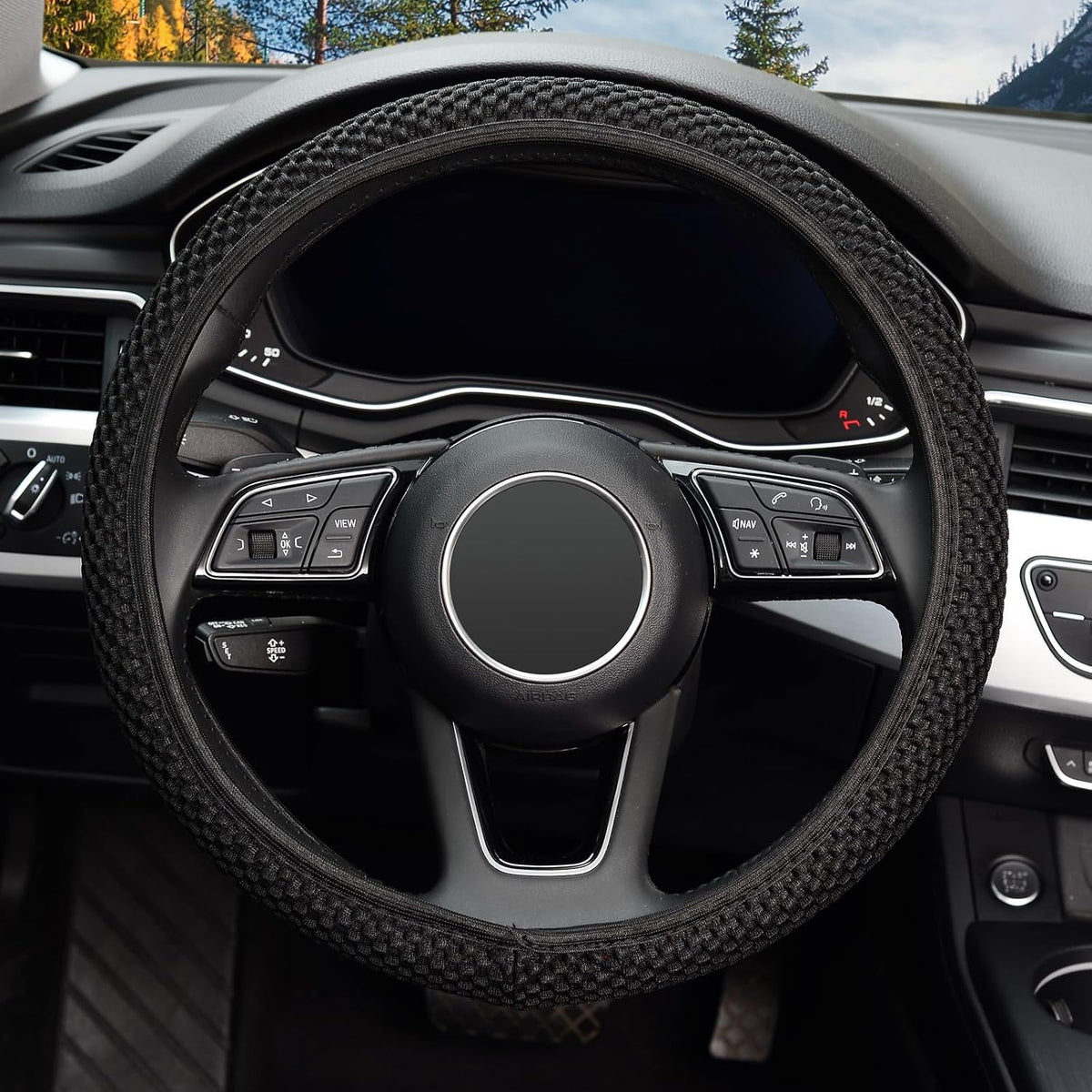 KAFEEK Elastic Stretch Steering Wheel Cover, Universal 15 Inch, Black